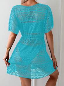 SHEIN Swim 女士纯色简约日常镂空短袖罩衫 夏季 - 藍色 - 查看 2
