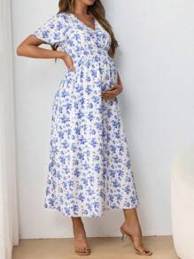 SHEIN Maternity Casual V-Neck Short Sleeve Flared Waist Tie Midi Dress With Side Slit