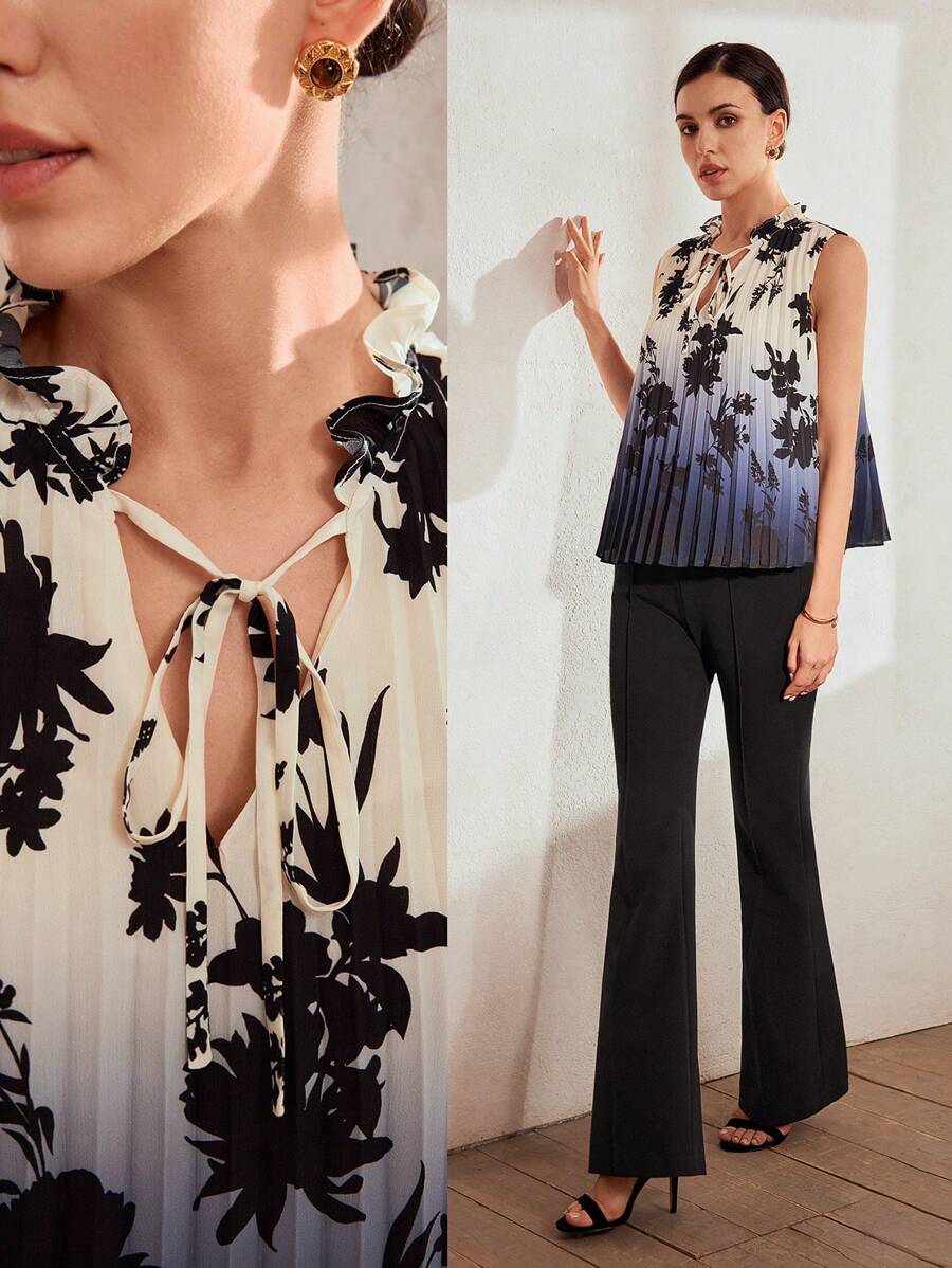 MOTF Classy ÁO CỔ TAY FRILL LỚN XẾP LÝ KHÔNG TAY HOA