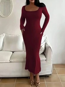 INAWLY Solva Vestido largo de ajuste ceñido de unicolor informal para mujer primavera/otoño - Burdeos - Ver 3