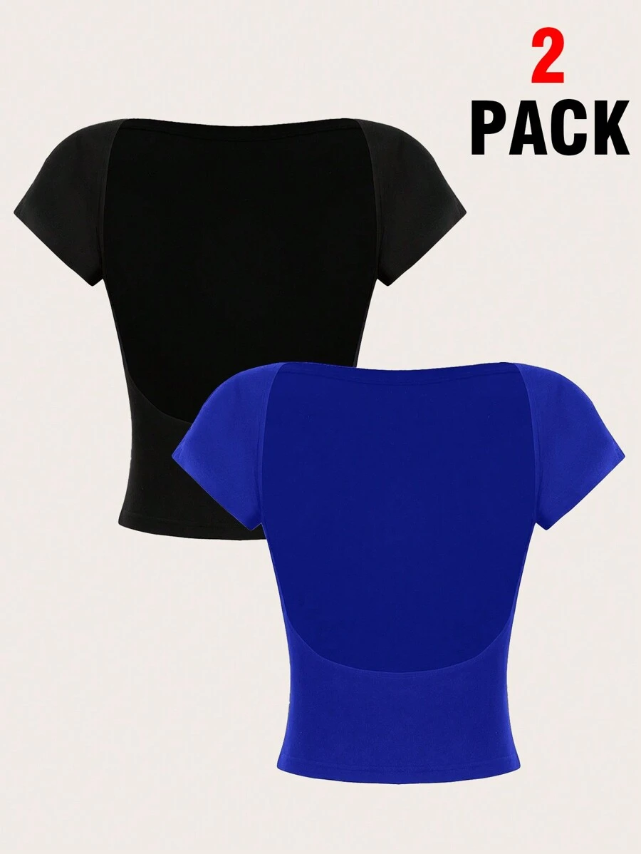 SHEIN EZwear 2pcs/Set Black Open Blue Round Neck Short Sleeve Tight Crop Top T-Shirt, Suitable For Summer - Royal Blue - View 1