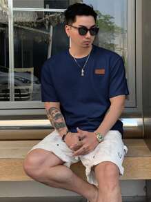 DAZY Men's Summer Letter Printed Round Neck Short Sleeve Casual T-Shirt - Navy Blue - View 5