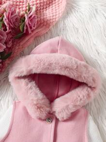 SHEIN Baby Girl Hooded Sleeveless Knitted Coat With Single Breasted Button And Patchwork Fluffy, Autumn And Winter - Pink - View 3