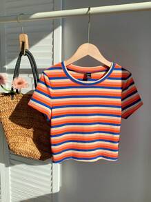 Comfortcana Camiseta de punto ajustada de mujer con rayas de colores