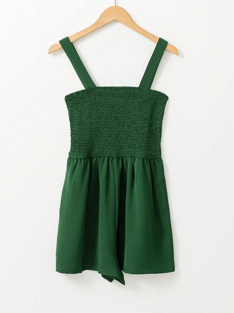 Acelitt Women's Solid Color Square Neck Splicing Casual Romper For Summer - Green - View 1