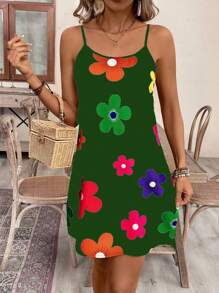 Breezaya Women's Colorful Flower Printed Basic Daily Spaghetti Strap Dress - Green - View 7