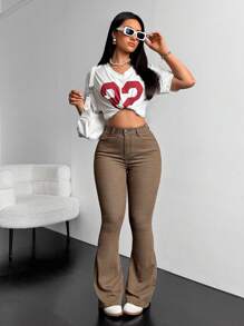 Jeanoix 女士休閒喇叭牛仔褲，側邊口袋款式 - 棕色 - 查看 5