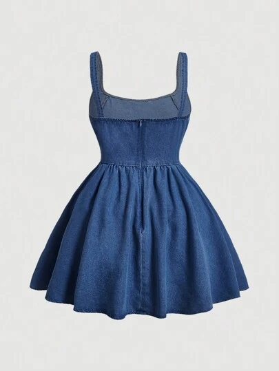 SHEIN MOD Đầm Denim không tay cổ tròn cỡ lớn viền bèo, hở lưng, sang trọng và thanh lịch