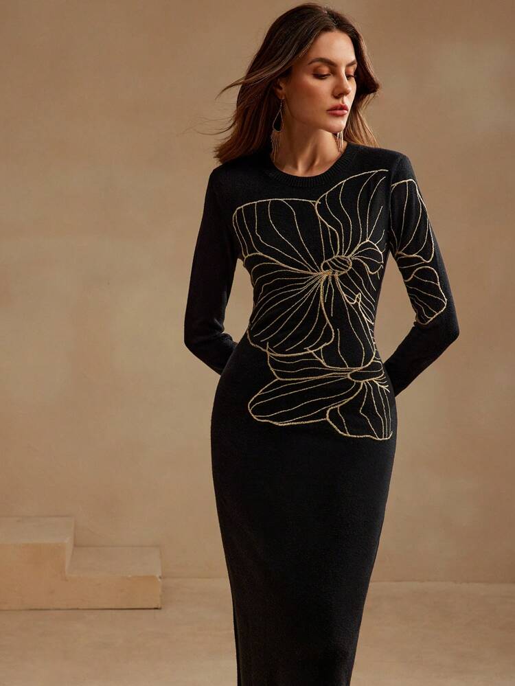 Women's Round Neck Long Sleeve Embroidery Knitted Dress, Slim Fit, Gentle, Virtuous, Elegant