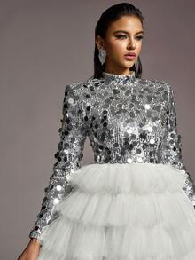 Đầm dạ hội dài tay thanh lịch cổ cao đính sequin với viền lưới xếp lớp tương phản, thích hợp cho khách dự đám cưới, dạ hội, lễ tốt nghiệp. - Bạc - Xem 7