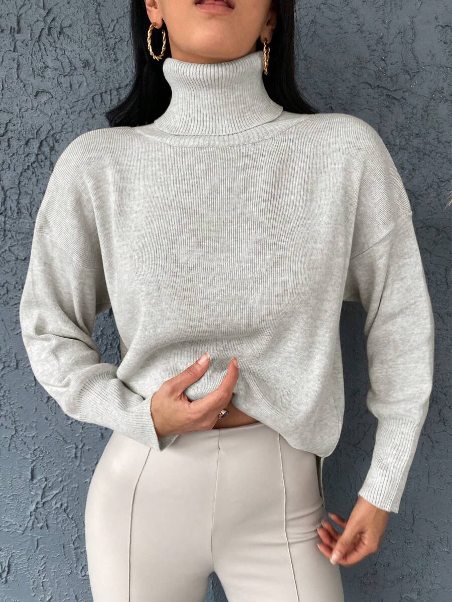 EURMUSE High Neck Drop Shoulder Sweater - Apricot - View 1