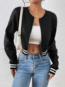 Chiquease Women's Spring & Autumn Faux PU Short Threaded Hem Zipper Casual Baseball Jacket
