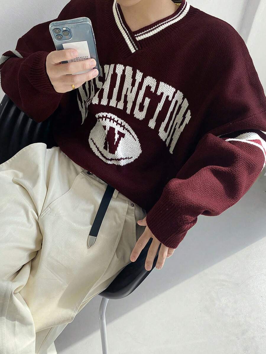 DAZY Men's V-Neck Striped Letter Printed Loose Comfortable Daily Casual Autumn Sweater Business Attire - Red - View 1