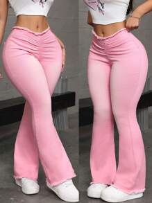 SHEIN ICON Quần jean ống loe thường ngày dành cho nữ có viền sờn và điểm nhấn xếp ly cho nữ - Hồng - Xem 3