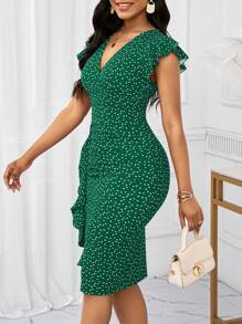 SHEIN Lady Office Dress Red Sun Heart Printed Smocked Ruffle Dress For Women,Polka Dot Dress - Green - View 6