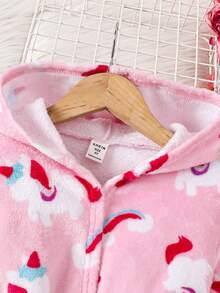 SHEIN Áo choàng vải nỉ ấm áp họa tiết kỳ lân hoạt hình dễ thương cho bé gái dài tay có mũ trùm đầu có thể tháo rời, mùa thu/đông - Hồng - Xem 6