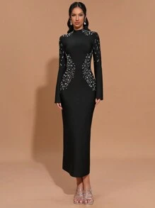 Rochie de seară formală pentru femei Modphy, cu mânecă lungă și model bandaj, de vară nouă, pentru femei - Negru - Vizualizare 1
