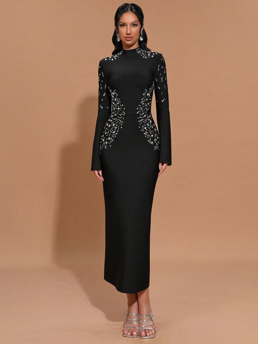 Rochie de seară formală pentru femei Modphy, cu mânecă lungă și model bandaj, de vară nouă, pentru femei - Negru - Vizualizare 1