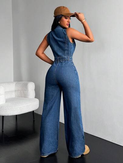 SHEIN EZwear Women's Summer Workwear Casual Sleeveless Denim Jumpsuit With Single Breasted Closure And Pocket