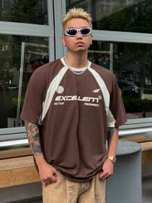 DAZY Camiseta casual de manga corta holgada con cuello redondo y estampado de letras para hombre, ideal para el regreso a la escuela, camiseta gráfica de verano