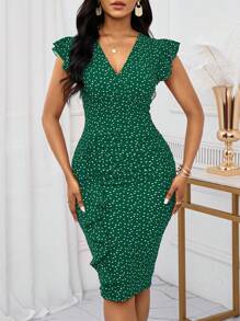 SHEIN Lady Office Dress Red Sun Heart Printed Smocked Ruffle Dress For Women,Polka Dot Dress - Green - View 4