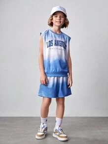 SHEIN Tween Boy Knitted Tie-Dye Tie Dye Top With Drawstring, Pocketed Shorts 2pcs Set - Blue and White - View 8