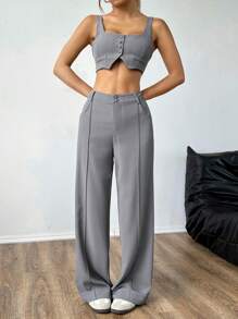 SHEIN EZwear 休闲纯色阔腿西装裤两件套 - 灰色 - 查看 4