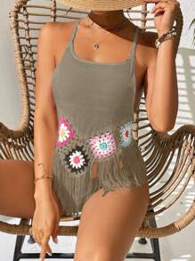 SHEIN Swim Women's Crochet Colorful Halterneck Cover Up For Vacation Summer - Khaki - View 4