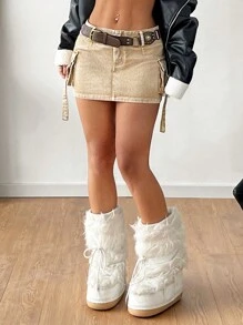 SHEIN EZwear Falda vaquera con cinturón tejido de estilo callejero y lavado personalizado, un imprescindible para las damas de moda - Marrón - Ver 4