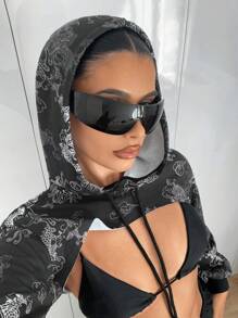 SHEIN ICON 女士时尚印花短款连帽衫 - 黑色 - 查看 4