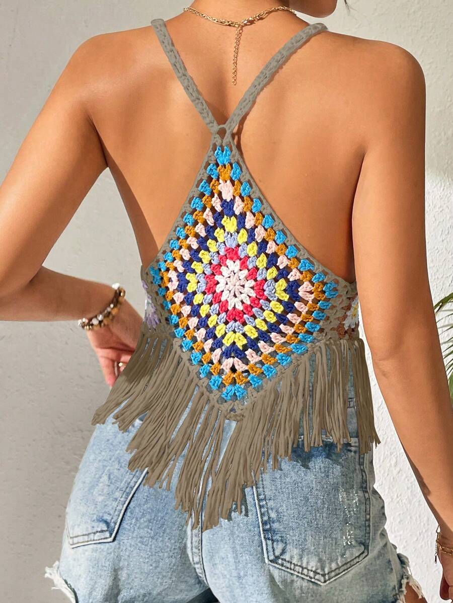 SHEIN Swim Women's Crochet Colorful Halterneck Cover Up For Vacation Summer - Khaki - View 1