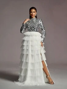 Đầm dạ hội dài tay thanh lịch cổ cao đính sequin với viền lưới xếp lớp tương phản, thích hợp cho khách dự đám cưới, dạ hội, lễ tốt nghiệp. - Bạc - Xem 2