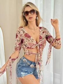 SHEIN ICON Trang phục mùa thu dành cho nữ Đi chơi Dây thắt nút Ren gợi cảm in hoa cài nút - Nhiều màu - Xem 9