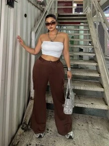 Flirla Solid Color Baggy Plus Size Work Pants - Coffee Brown - View 4