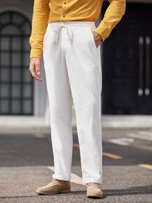 Manfinity VCAY Pantalones casuales largos de cintura media rectos tejidos para hombre, hechos de mezcla sintética, adecuados para la temporada de primavera y otoño - Blanco - Ver 4