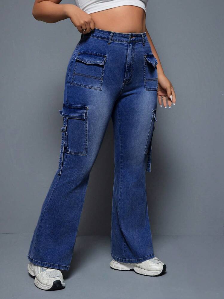 SHEIN ICON Plus Size Women's Workwear Style Flared Casual Jeans With Multiple Pockets - Dark Wash - View 3