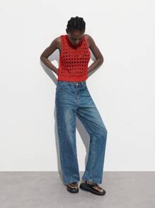 Maija 纯色圆领短款上衣，侧开衩，镂空网眼细节，红色 - 紅色 - 查看 2