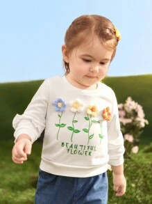 SHEIN Baby Girls' Lovely Flower Printed Long Sleeve Sweatshirt - White - View 3