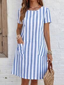 EMERY ROSE Women's Short Sleeve Casual Blue And White Striped Dress With Pockets - Blue and White - View 3