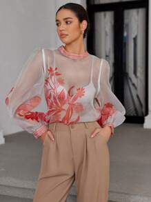 GENKIRA Áo sơ mi dài tay xuyên thấu Organza in ngẫu nhiên theo phong cách tối giản thời trang - Nhiều màu - Xem 5