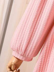 Tween Girl's Summer Casual Solid Color Lantern Sleeve Off Shoulder Dress - Pink - View 6