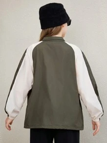 SHEIN Tween Girl Loose Casual Comfortable Military Green Color Blocking Shoulder Patch Fashion Collared Long Sleeve Jacket - Army Green - View 2