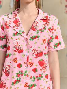 Strawberry Shortcake X SHEIN 女士草莓印花甜美睡衣套装，草莓蛋糕图案，粉色，翻领纽扣短袖上衣和短裤，夏季 - 粉色 - 查看 8