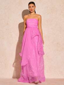 Zolique 禮服畢業典禮，女士優雅露背無肩帶網紗長裙 - 粉色 - 查看 4