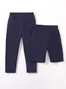 SHEIN 2pcs/Set Young Boys' Pants, Including Long Pants And Shorts - Navy Blue - View 1