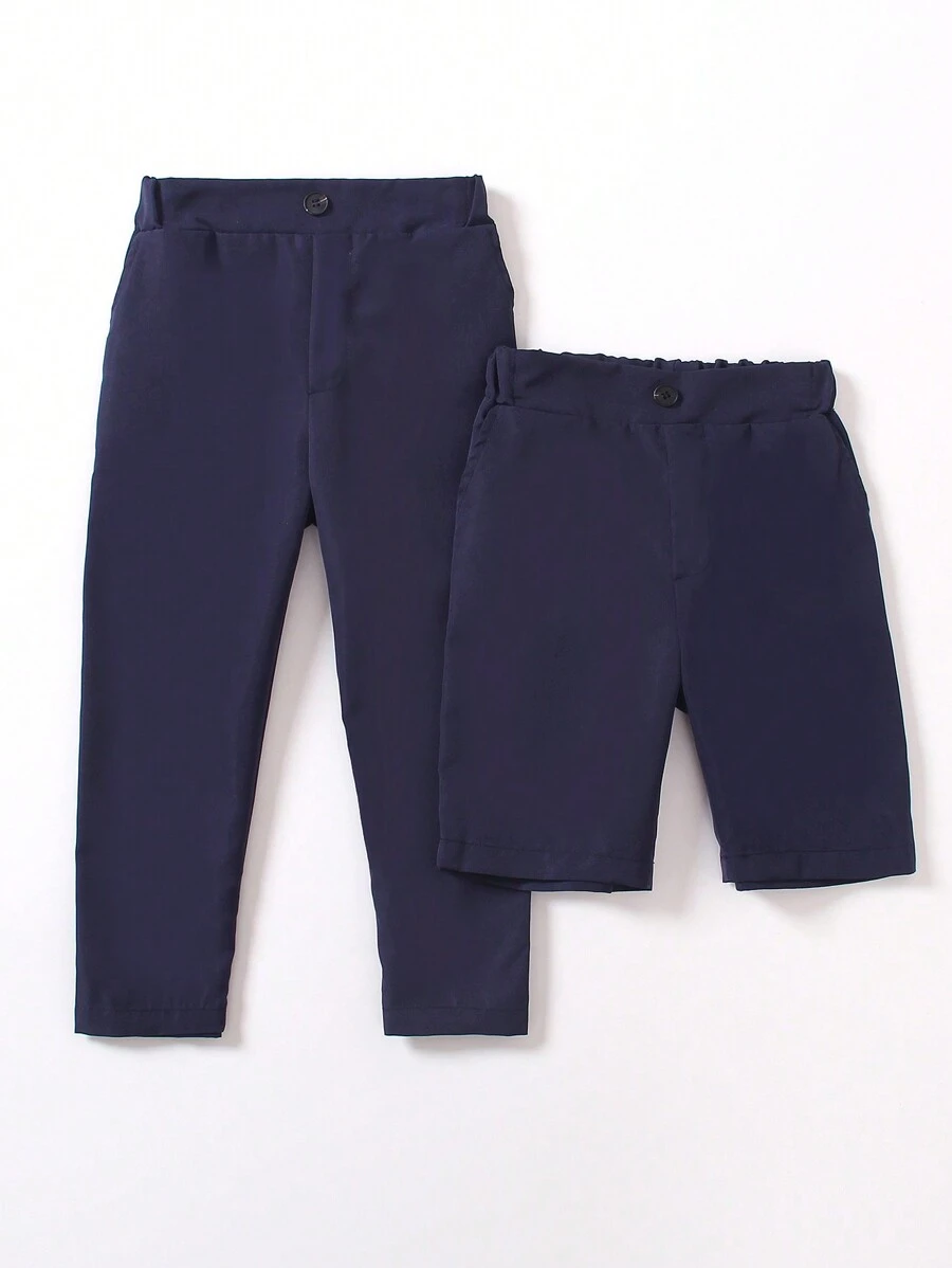 SHEIN 2pcs/Set Young Boys' Pants, Including Long Pants And Shorts - Navy Blue - View 1