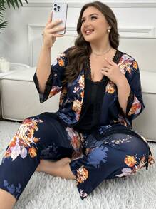 Plus 3pcs Lace Trimmed Cami Top, Long Pants And Robe Set, Fall Clothes - Multicolor - View 5