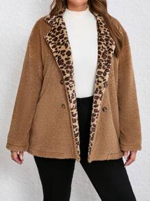 SHEIN Essnce Chaqueta Regular de talla grande de pelo bloqueado con diseño de leopardo y cuello hacia abajo - Caqui - Ver 7