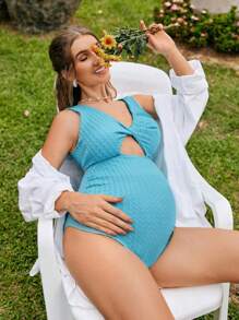 SHEIN 纯色简约无袖孕妇日常连体泳衣夏季 - 藍色 - 查看 3