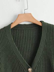 Linhara 大码女式纯色 V 领单排扣长袖休闲通勤百搭开衫毛衣，秋冬 - 墨綠色 - 查看 4